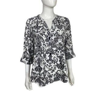 Cathy Daniels Floral Damask Print Black & White Rolled Cuff Blouse Camp Shirt L